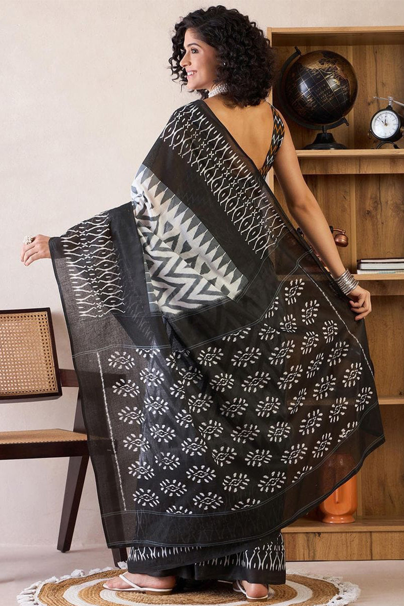 Black 1 Minute Ready To Wear Mul Mul Cotton Digital Printed Saree With Pocket