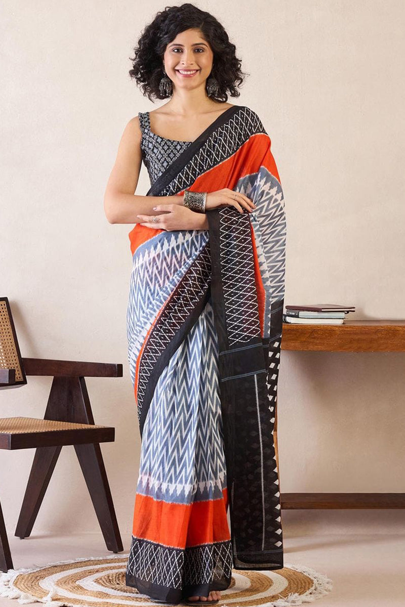 Efflorescence Black And Orange 1 Minute Ready To Wear Mul Cotton Digital Printed Saree With Pocket