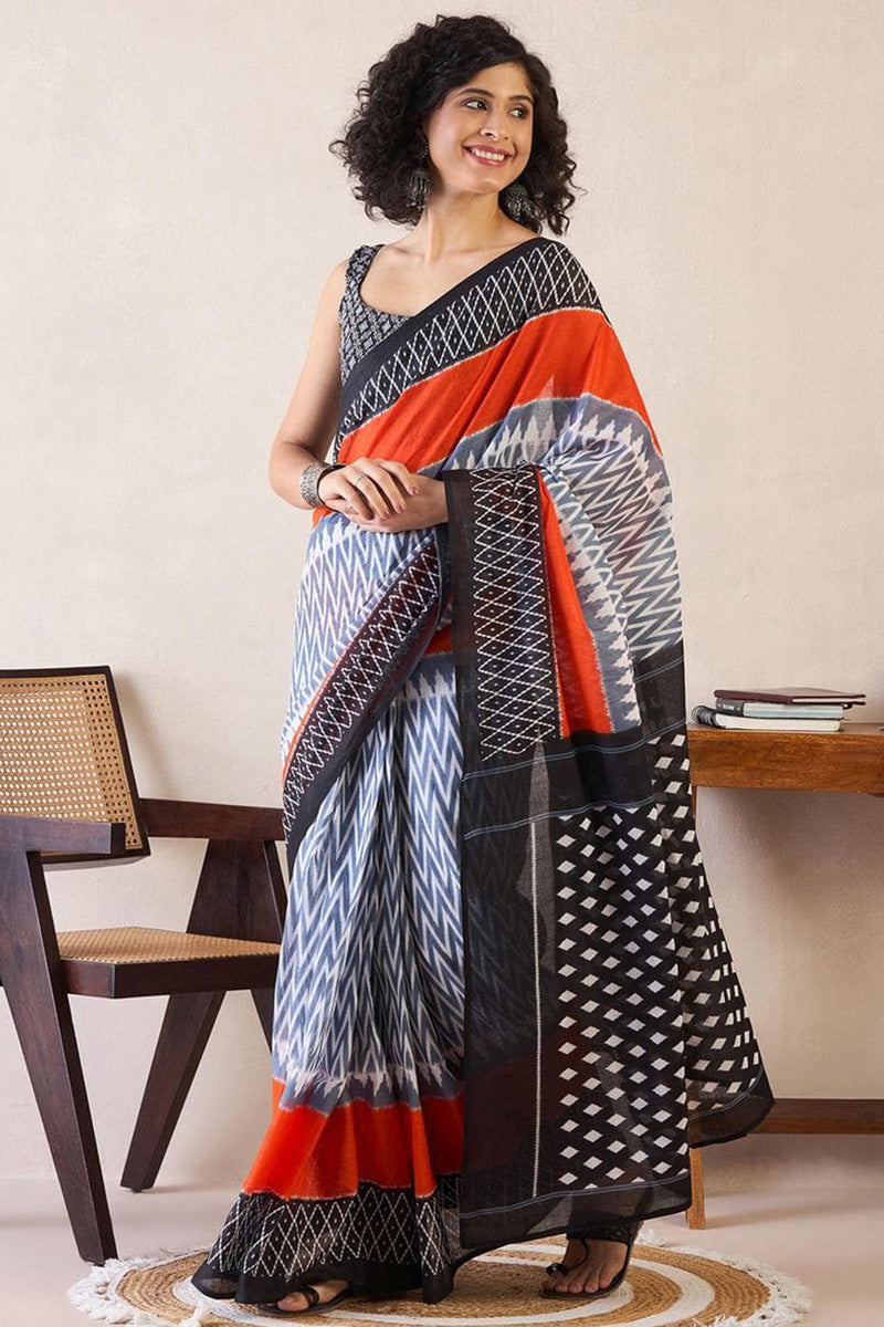 Efflorescence Black And Orange 1 Minute Ready To Wear Mul Cotton Digital Printed Saree With Pocket