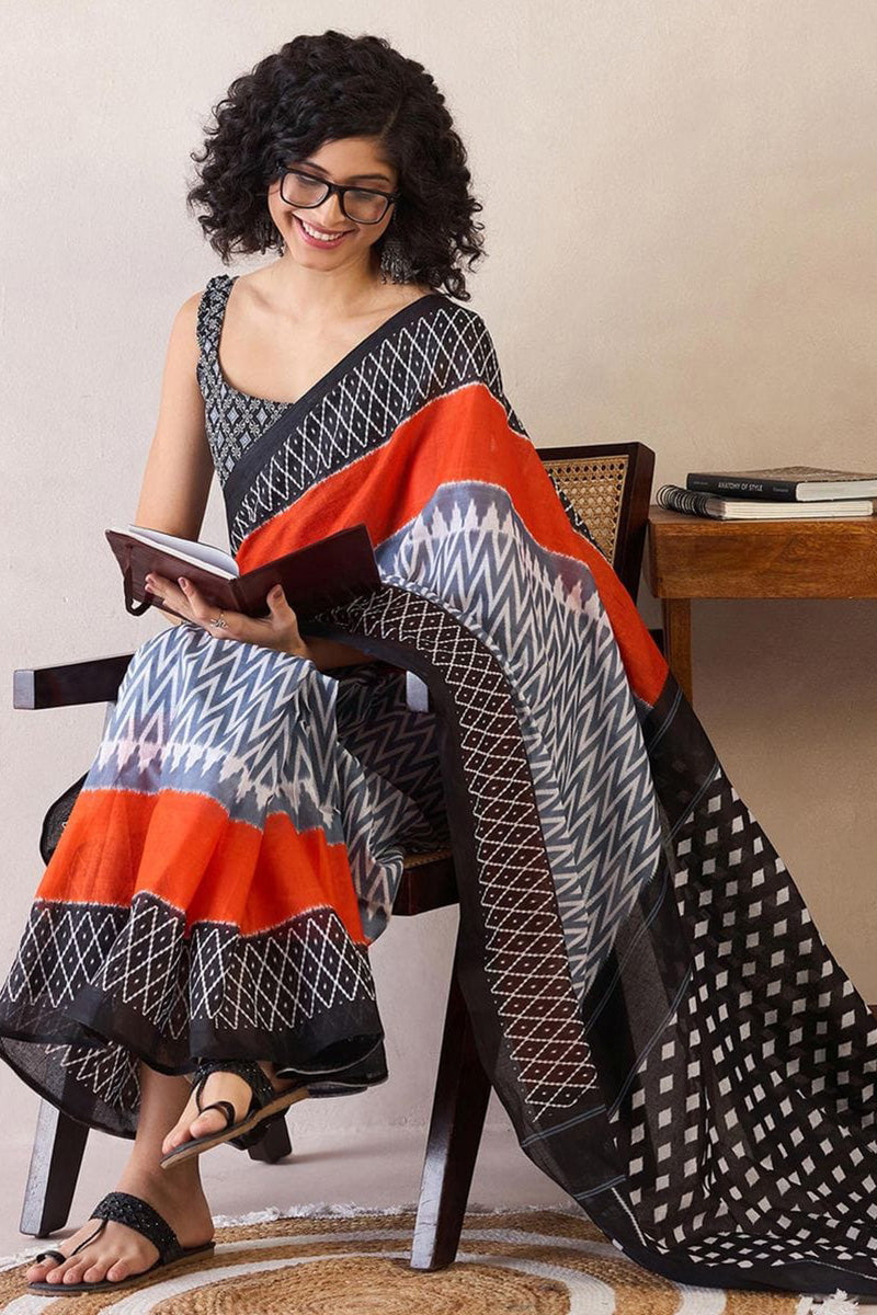 Efflorescence Black And Orange 1 Minute Ready To Wear Mul Cotton Digital Printed Saree With Pocket