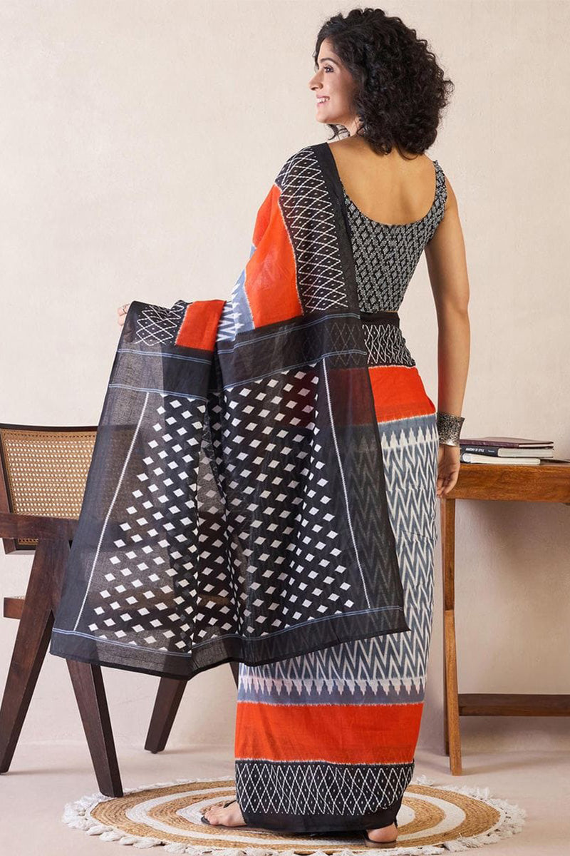 Efflorescence Black And Orange 1 Minute Ready To Wear Mul Cotton Digital Printed Saree With Pocket