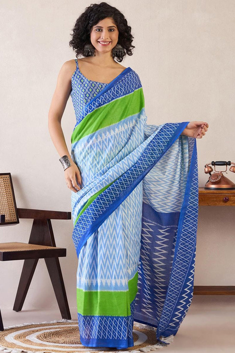 Outstanding Blue And Parrot 1 Minute Ready To Wear Mul Cotton Digital Printed Saree With Pocket