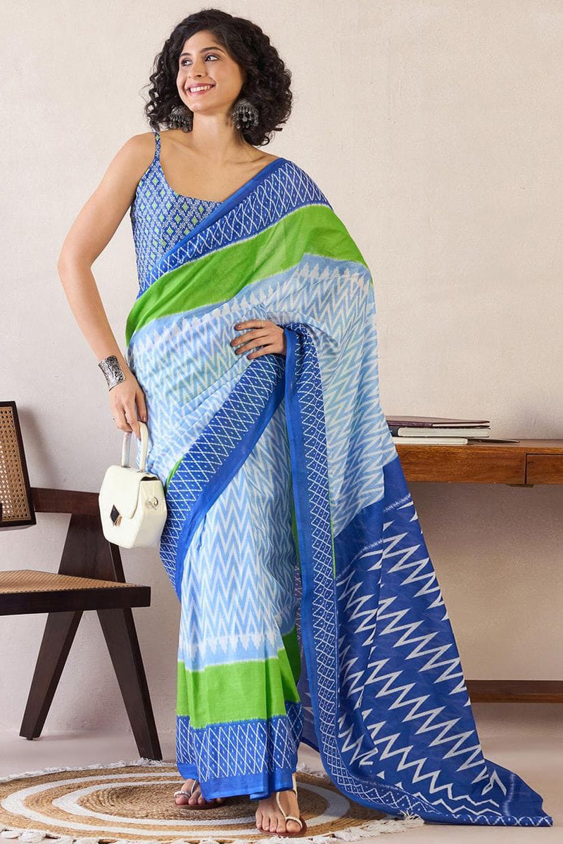 Outstanding Blue And Parrot 1 Minute Ready To Wear Mul Cotton Digital Printed Saree With Pocket