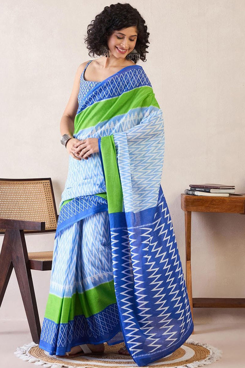 Blue 1 Minute Ready To Wear Mul Mul Cotton Digital Printed Saree With Pocket