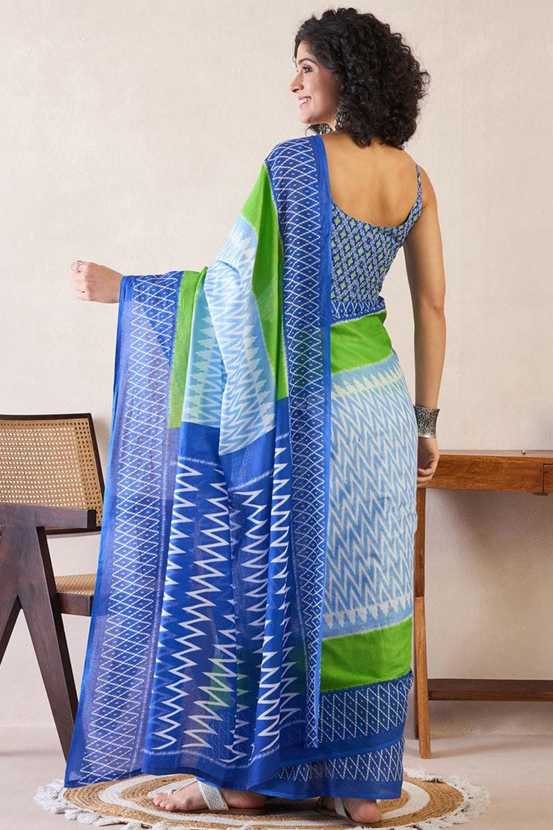 Outstanding Blue And Parrot 1 Minute Ready To Wear Mul Cotton Digital Printed Saree With Pocket