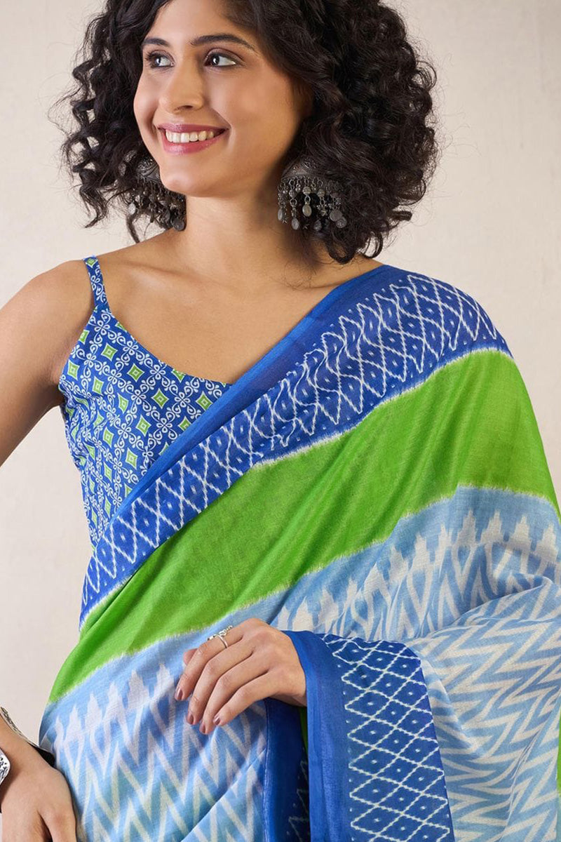 Outstanding Blue And Parrot 1 Minute Ready To Wear Mul Cotton Digital Printed Saree With Pocket