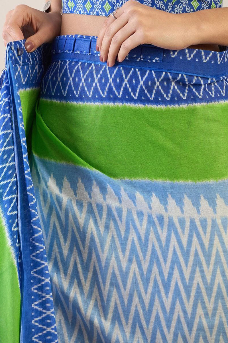 Blue 1 Minute Ready To Wear Mul Mul Cotton Digital Printed Saree With Pocket