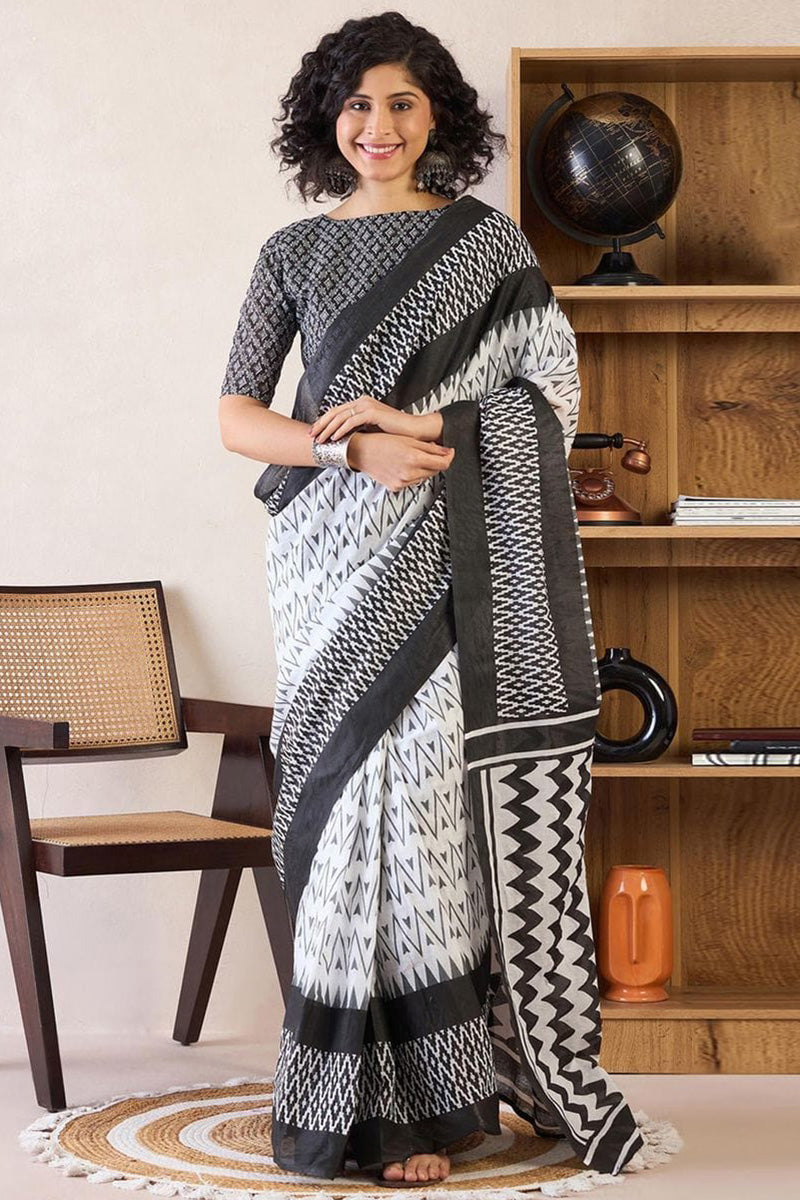 Off White  1 Minute Ready To Wear Mul Mul Cotton Digital Printed Saree With Pocket