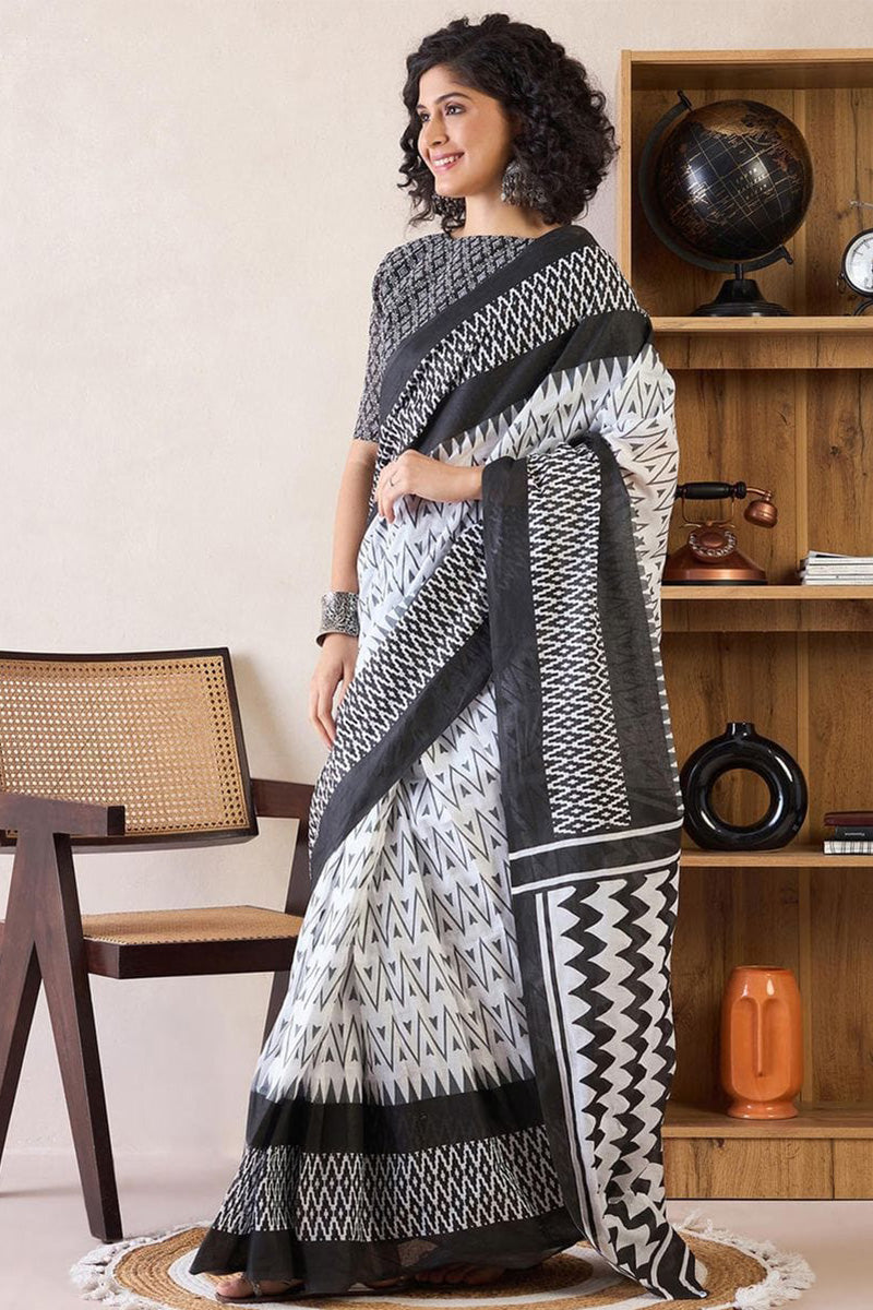 Off White  1 Minute Ready To Wear Mul Mul Cotton Digital Printed Saree With Pocket