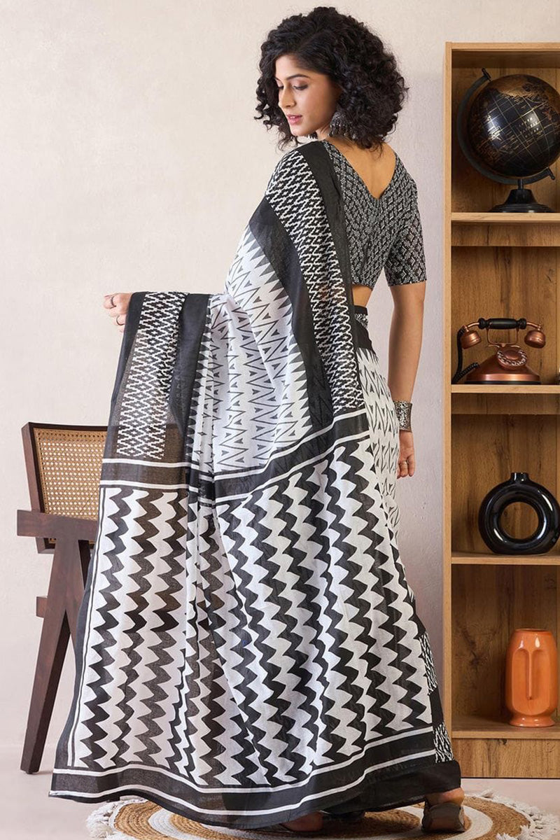 Off White  1 Minute Ready To Wear Mul Mul Cotton Digital Printed Saree With Pocket
