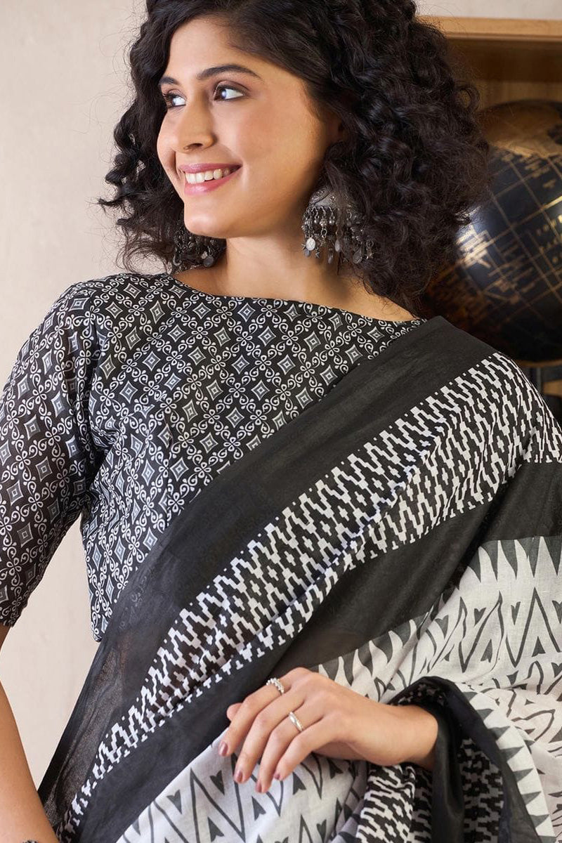 Off White  1 Minute Ready To Wear Mul Mul Cotton Digital Printed Saree With Pocket