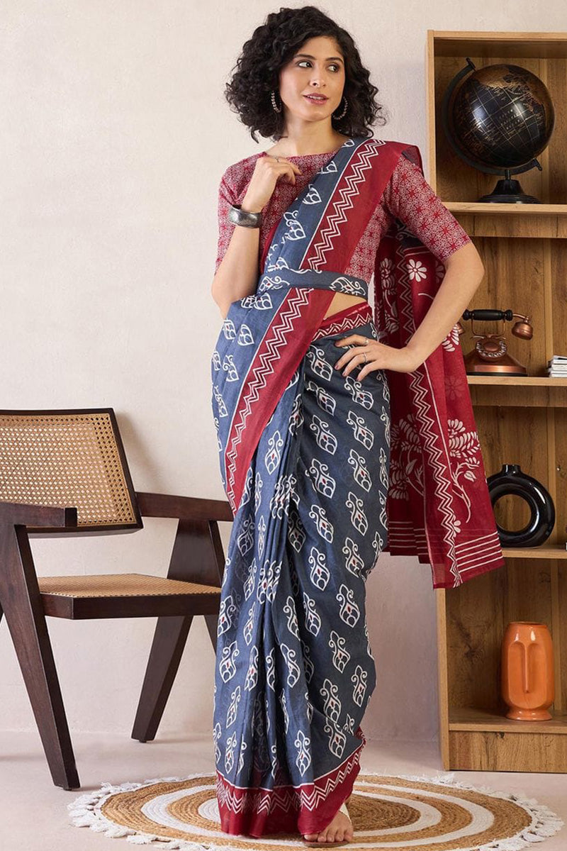 Blue 1 Minute Ready To Wear Mul Mul Cotton Digital Printed Saree With Pocket