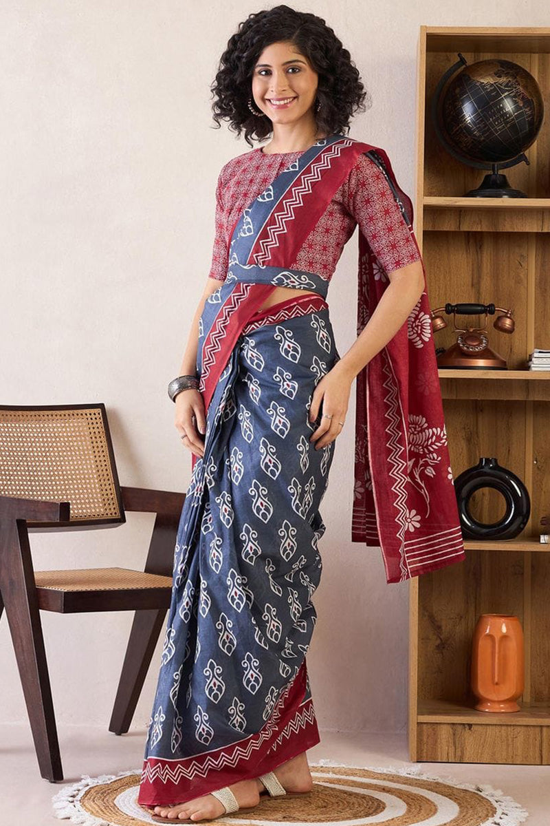Blue 1 Minute Ready To Wear Mul Mul Cotton Digital Printed Saree With Pocket