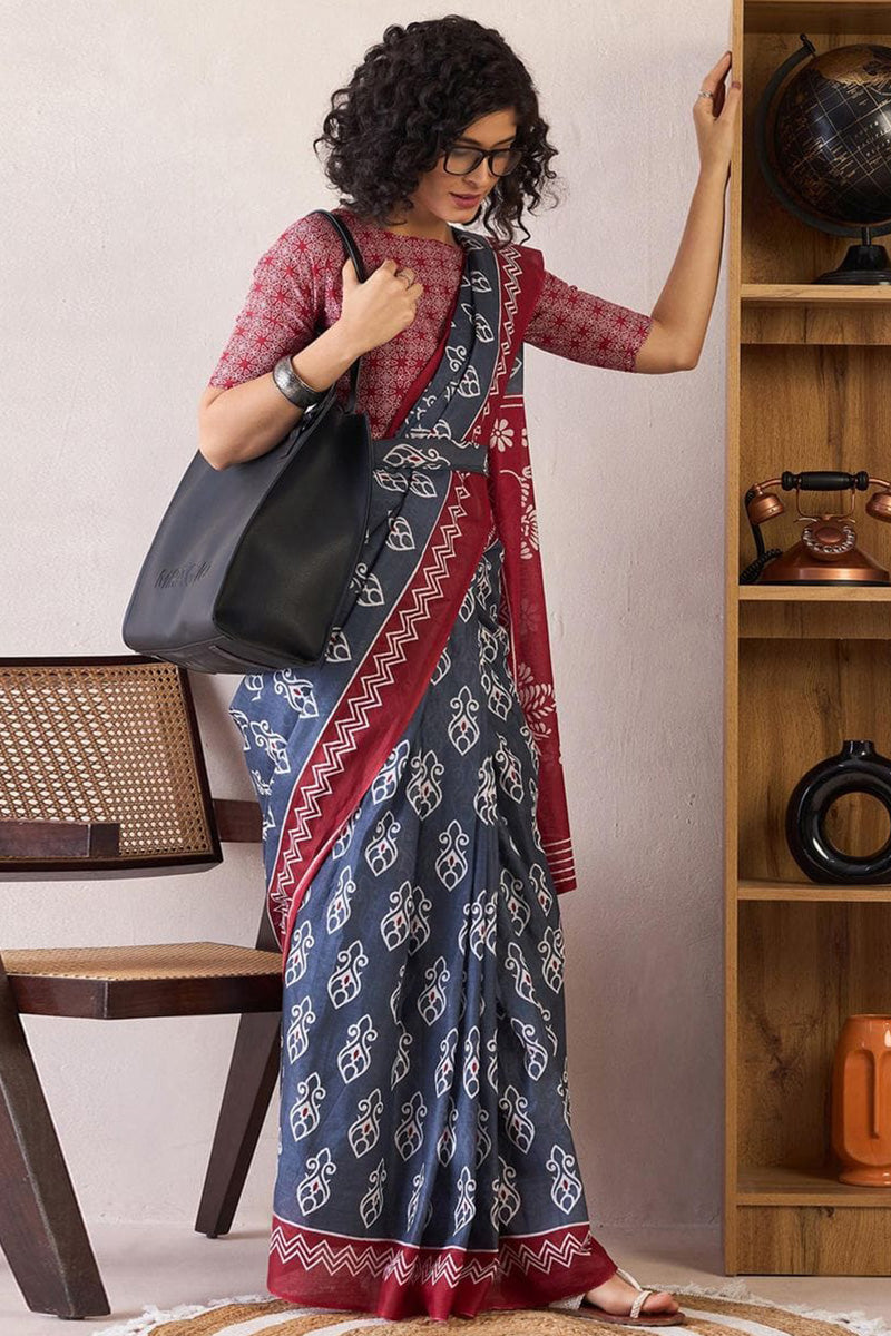 Blue 1 Minute Ready To Wear Mul Mul Cotton Digital Printed Saree With Pocket