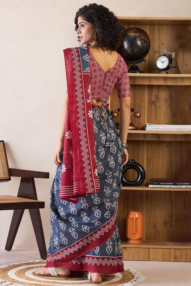 Blue 1 Minute Ready To Wear Mul Mul Cotton Digital Printed Saree With Pocket