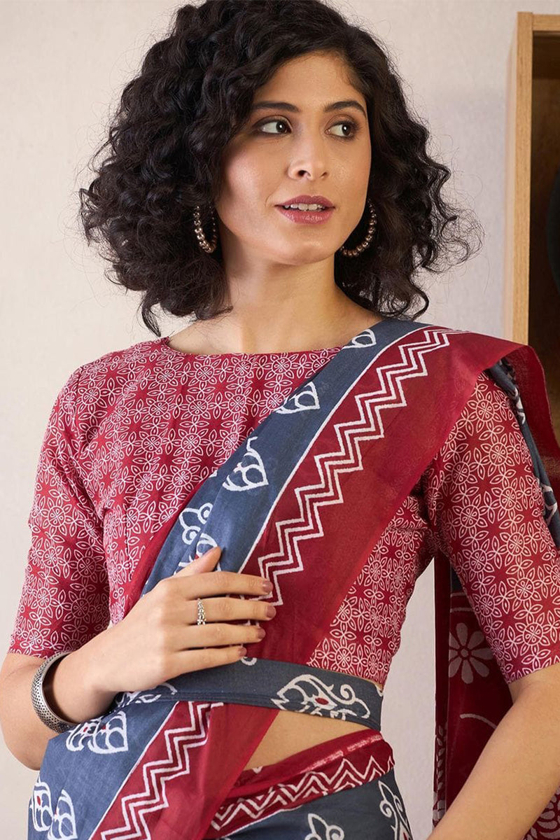 Blue 1 Minute Ready To Wear Mul Mul Cotton Digital Printed Saree With Pocket