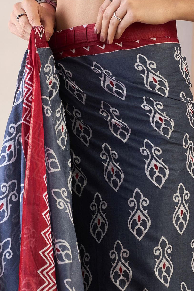Blue 1 Minute Ready To Wear Mul Mul Cotton Digital Printed Saree With Pocket