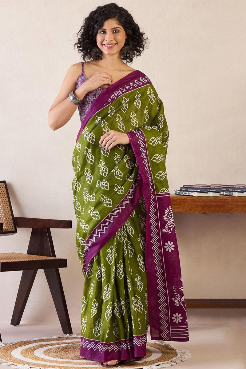 Green 1 Minute Ready To Wear Mul Mul Cotton Digital Printed Saree With Pocket