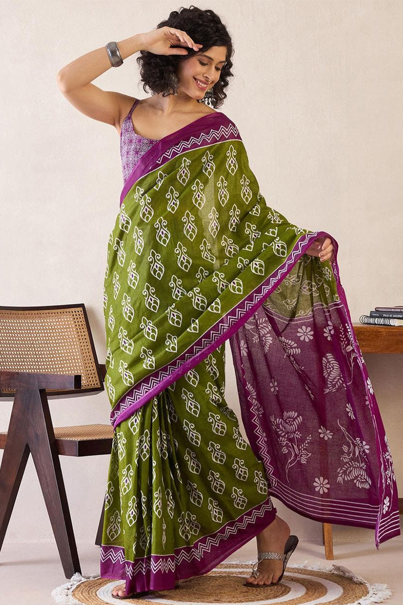 Green 1 Minute Ready To Wear Mul Mul Cotton Digital Printed Saree With Pocket