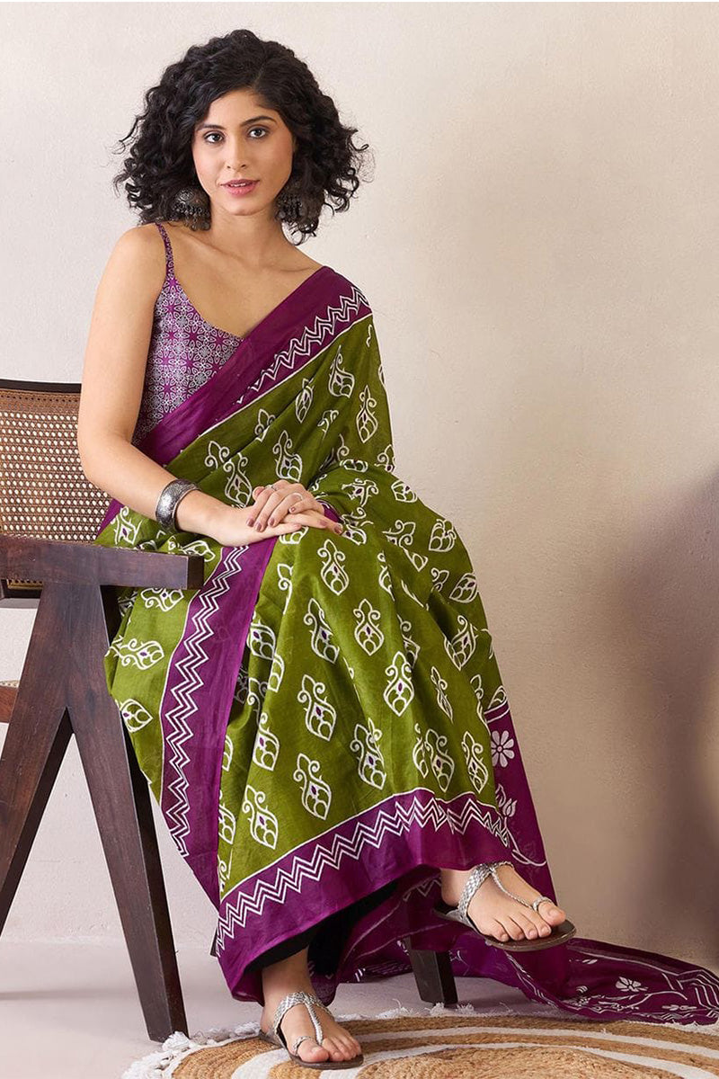 Green 1 Minute Ready To Wear Mul Mul Cotton Digital Printed Saree With Pocket
