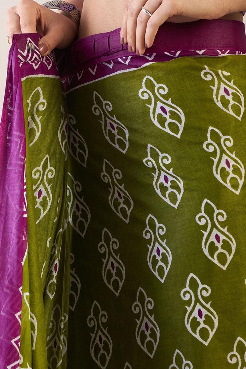 Green 1 Minute Ready To Wear Mul Mul Cotton Digital Printed Saree With Pocket