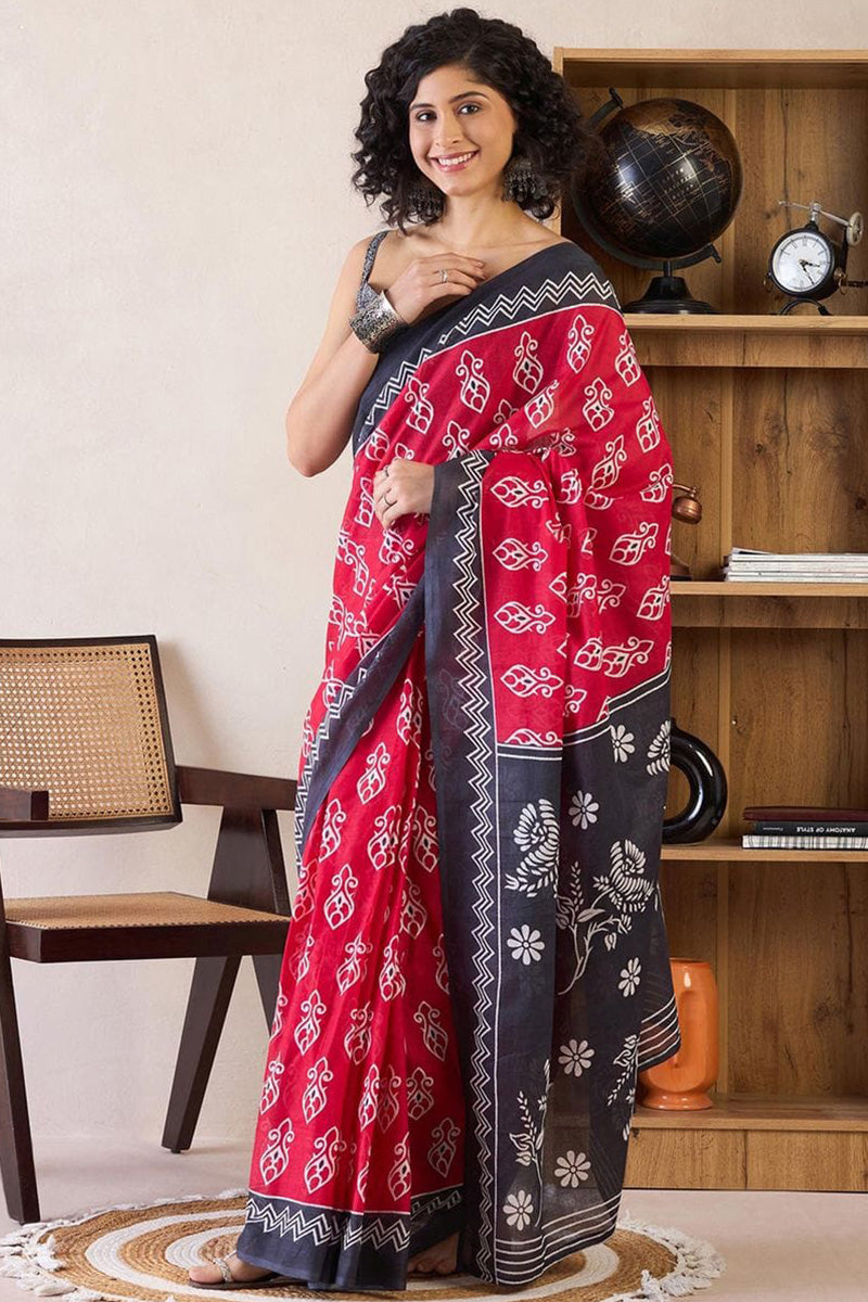Red 1 Minute Ready To Wear Mul Mul Cotton Digital Printed Saree With Pocket
