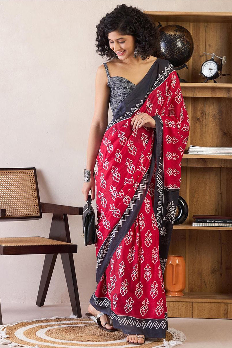 Red 1 Minute Ready To Wear Mul Mul Cotton Digital Printed Saree With Pocket