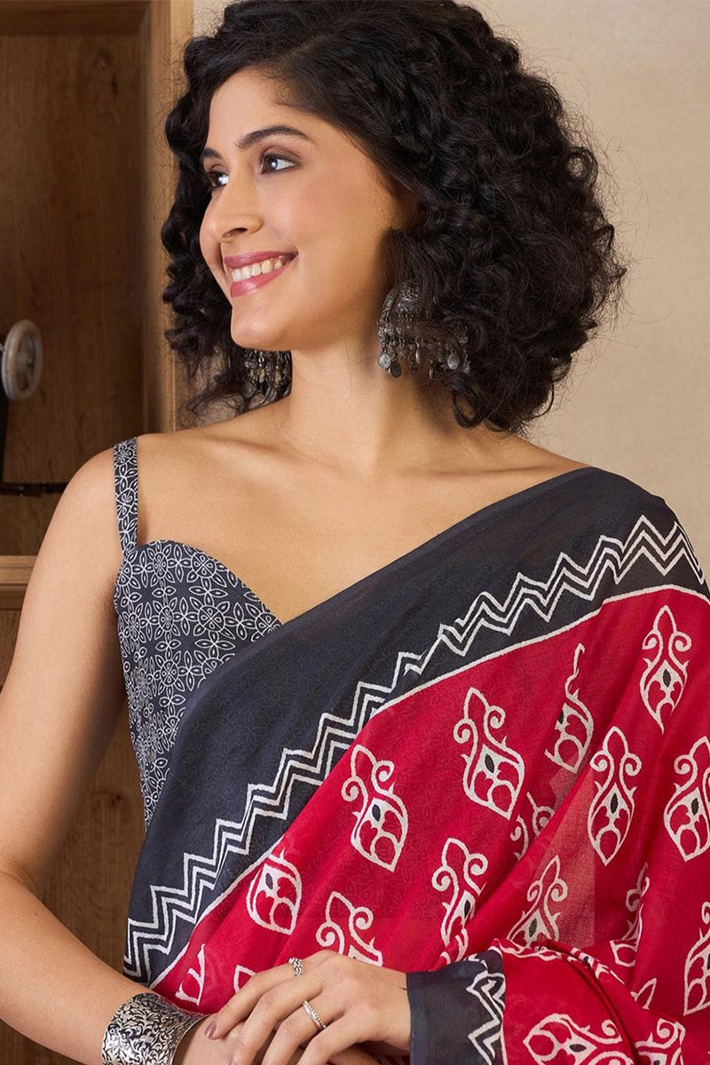 Red 1 Minute Ready To Wear Mul Mul Cotton Digital Printed Saree With Pocket