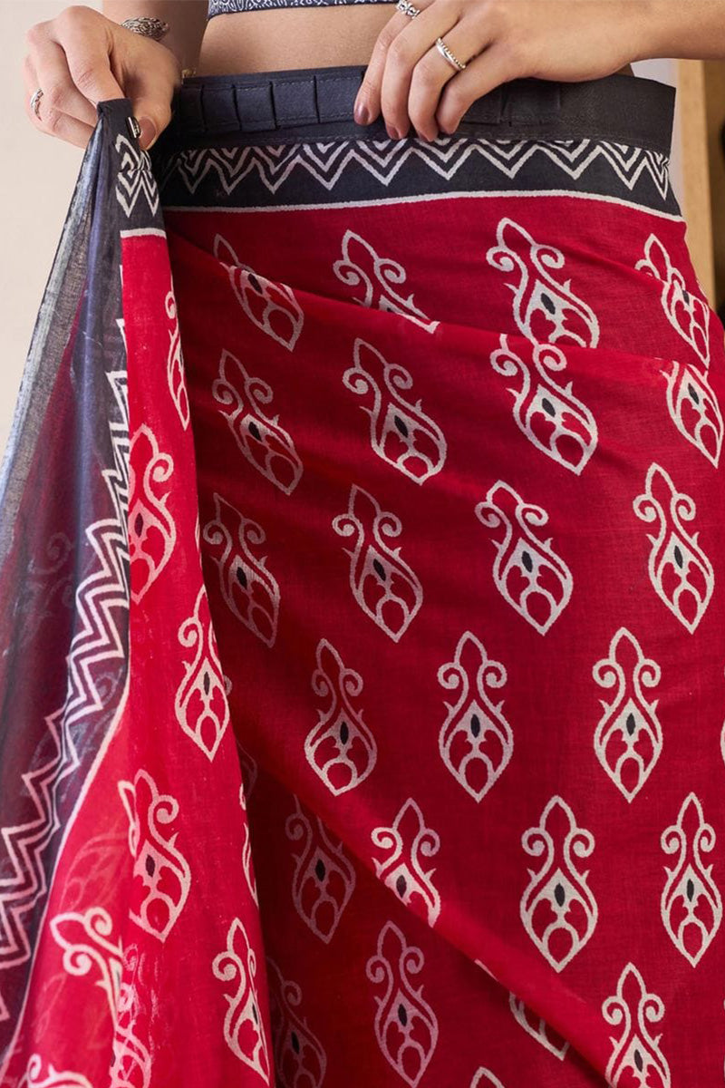 Red 1 Minute Ready To Wear Mul Mul Cotton Digital Printed Saree With Pocket