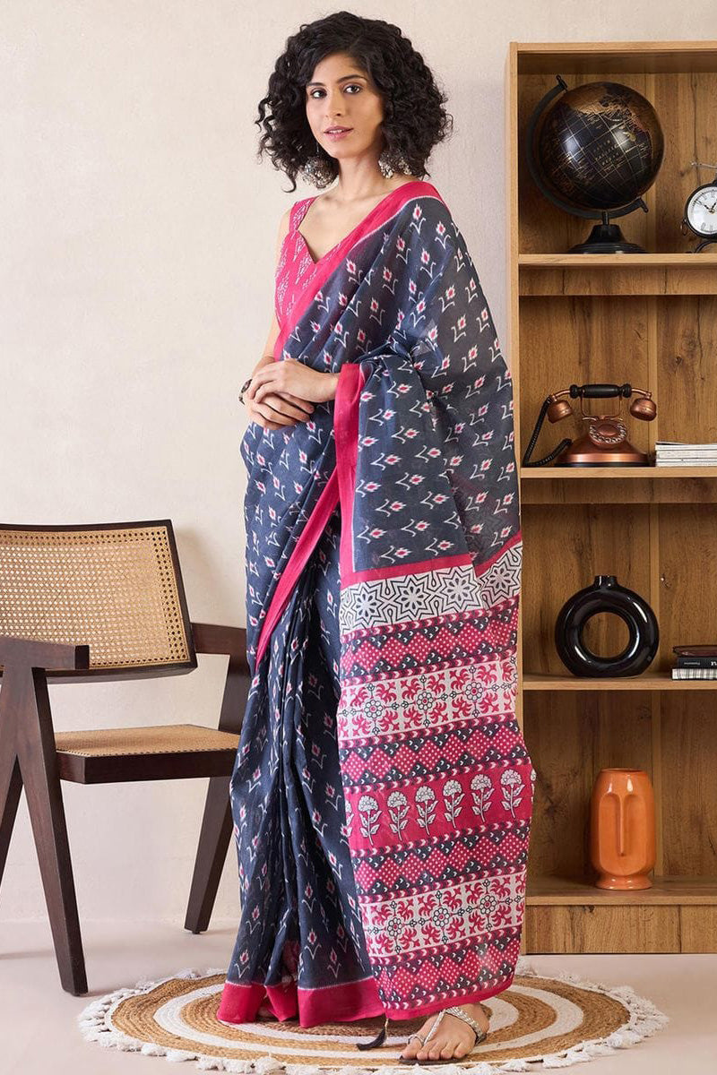 Blue 1 Minute Ready To Wear Mul Mul Cotton Digital Printed Saree With Pocket