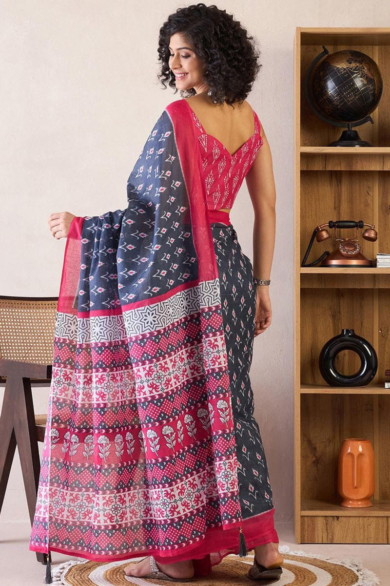 Blue 1 Minute Ready To Wear Mul Mul Cotton Digital Printed Saree With Pocket