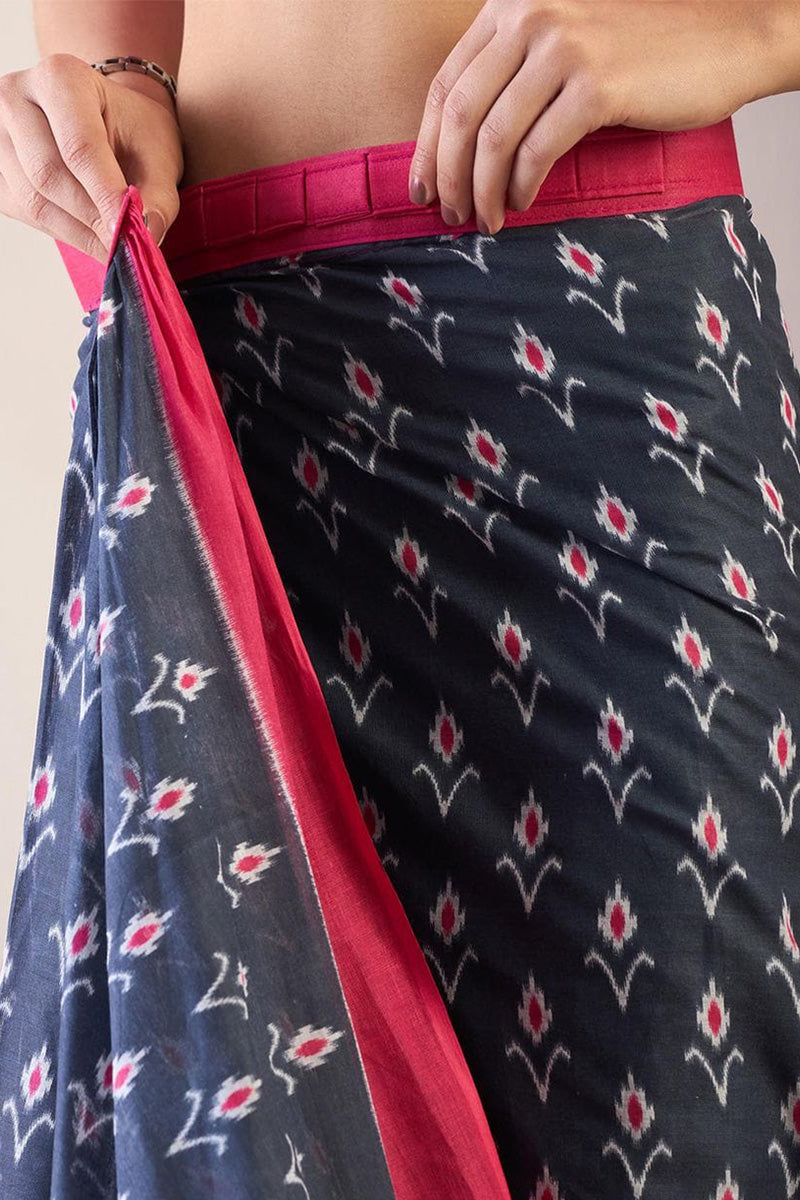 Blue 1 Minute Ready To Wear Mul Mul Cotton Digital Printed Saree With Pocket