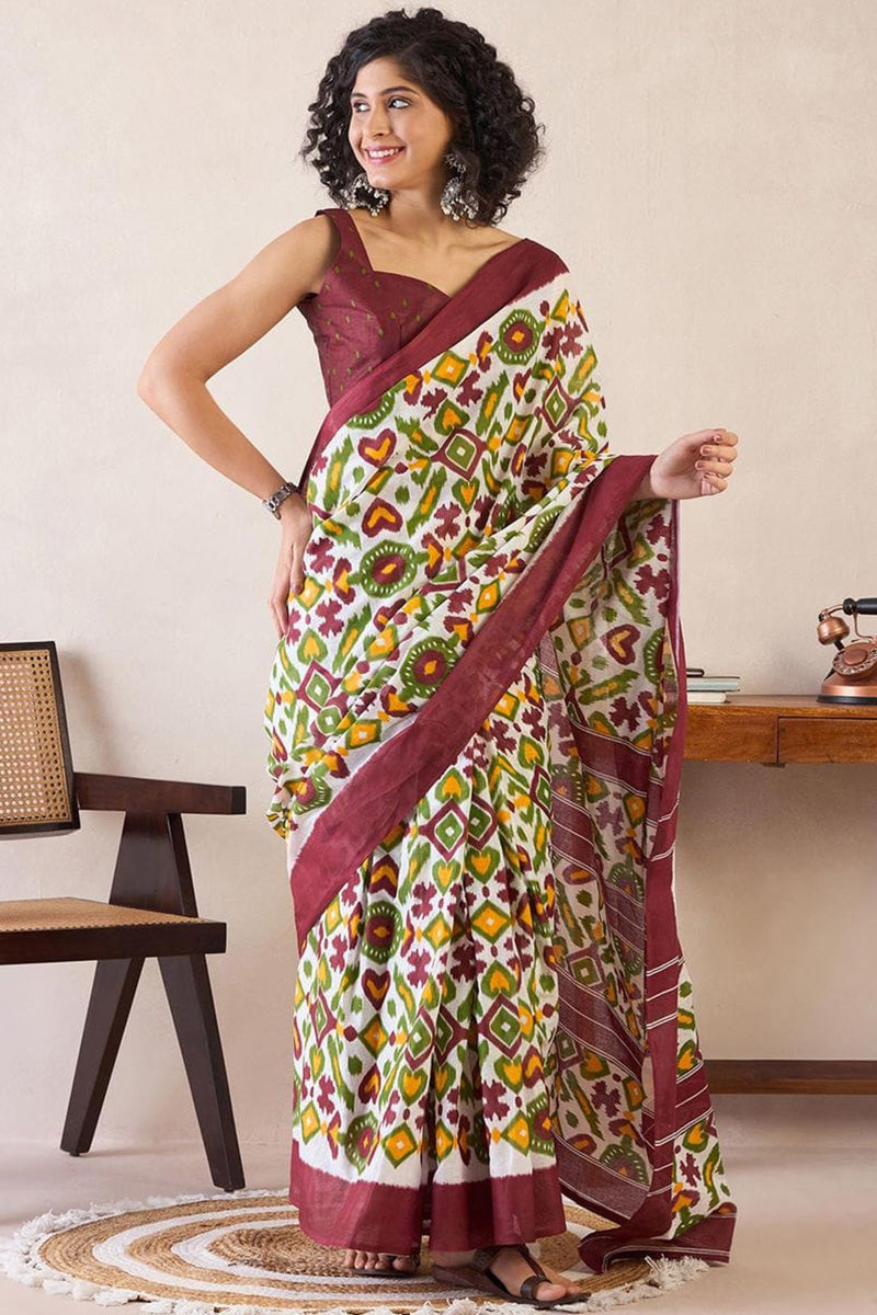 Multi Color 1 Minute Ready To Wear Mul Mul Cotton Digital Printed Saree With Pocket
