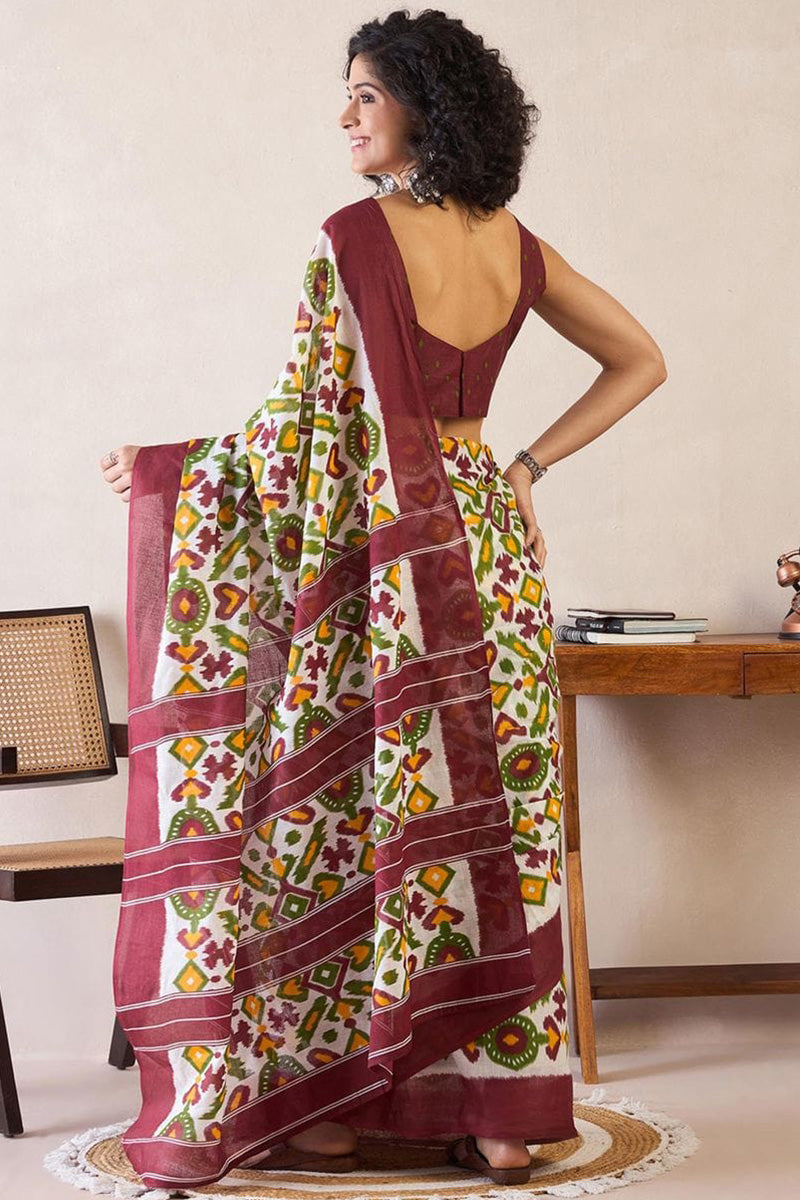 Multi Color 1 Minute Ready To Wear Mul Mul Cotton Digital Printed Saree With Pocket