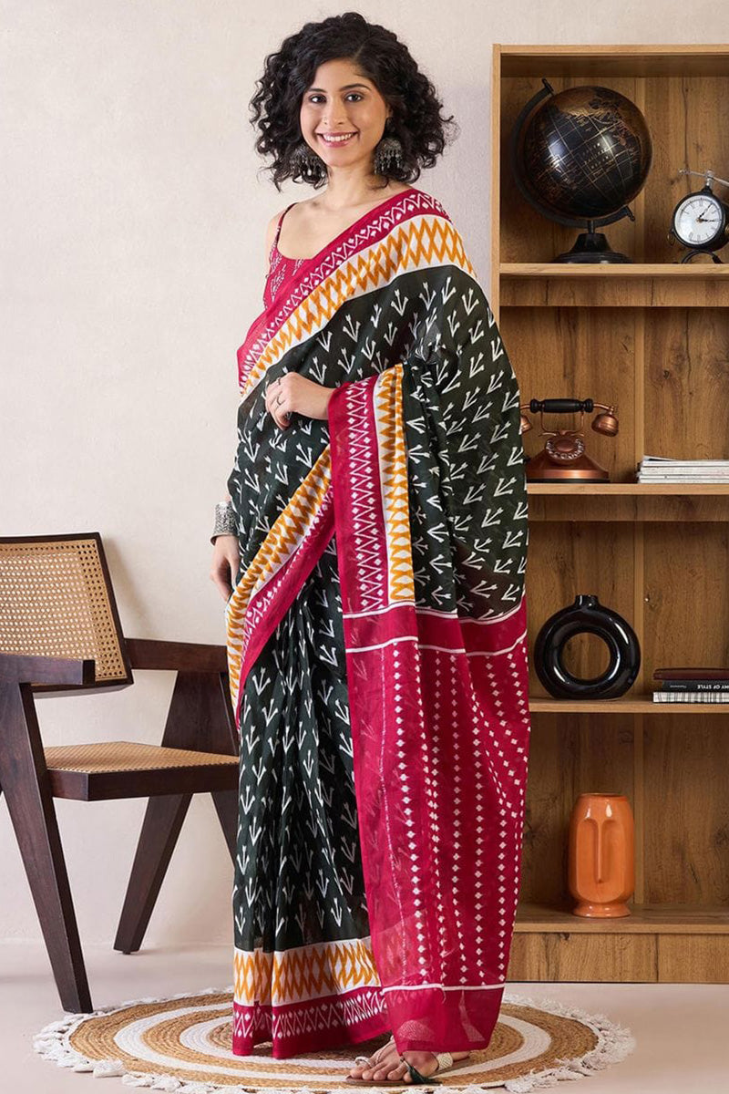 Bleck 1 Minute Ready To Wear Mul Mul Cotton Digital Printed Saree With Pocket