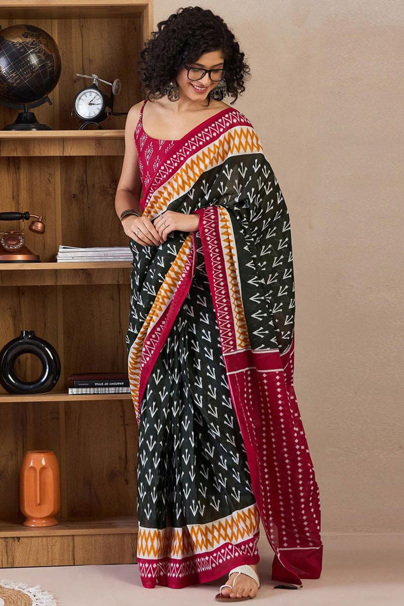 Bleck 1 Minute Ready To Wear Mul Mul Cotton Digital Printed Saree With Pocket