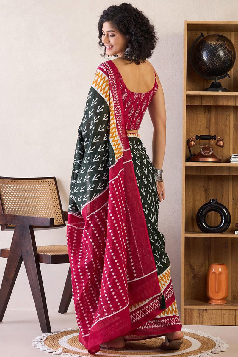 Bleck 1 Minute Ready To Wear Mul Mul Cotton Digital Printed Saree With Pocket