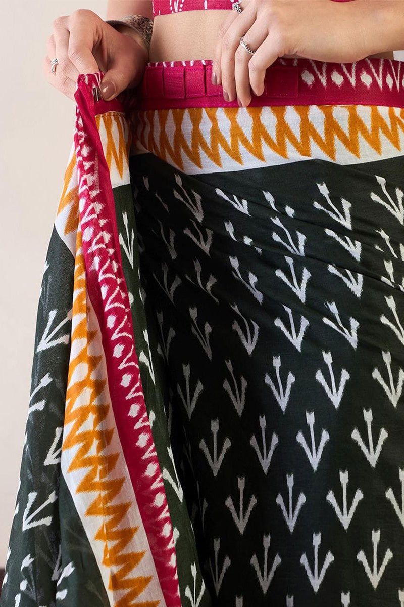 Bleck 1 Minute Ready To Wear Mul Mul Cotton Digital Printed Saree With Pocket