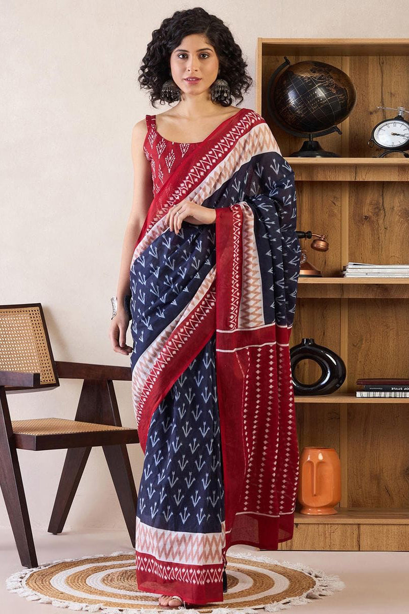 Blue 1 Minute Ready To Wear Mul Mul Cotton Digital Printed Saree With Pocket