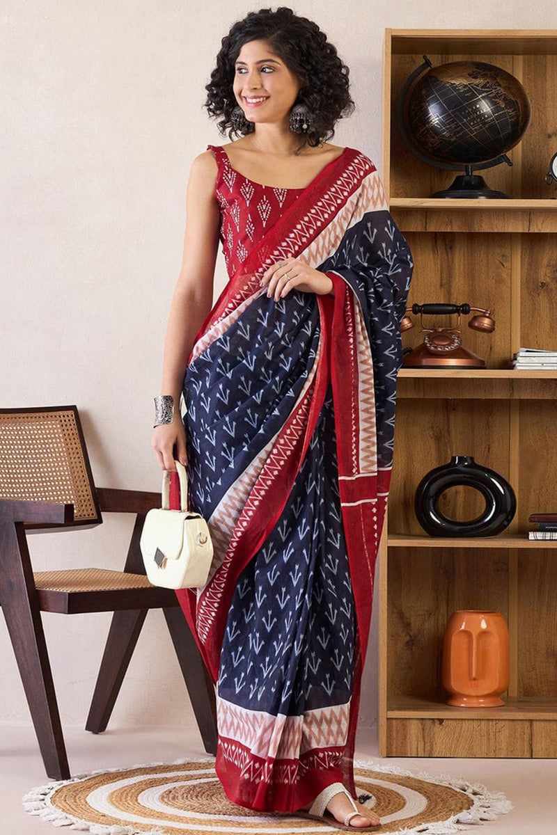 Blue 1 Minute Ready To Wear Mul Mul Cotton Digital Printed Saree With Pocket