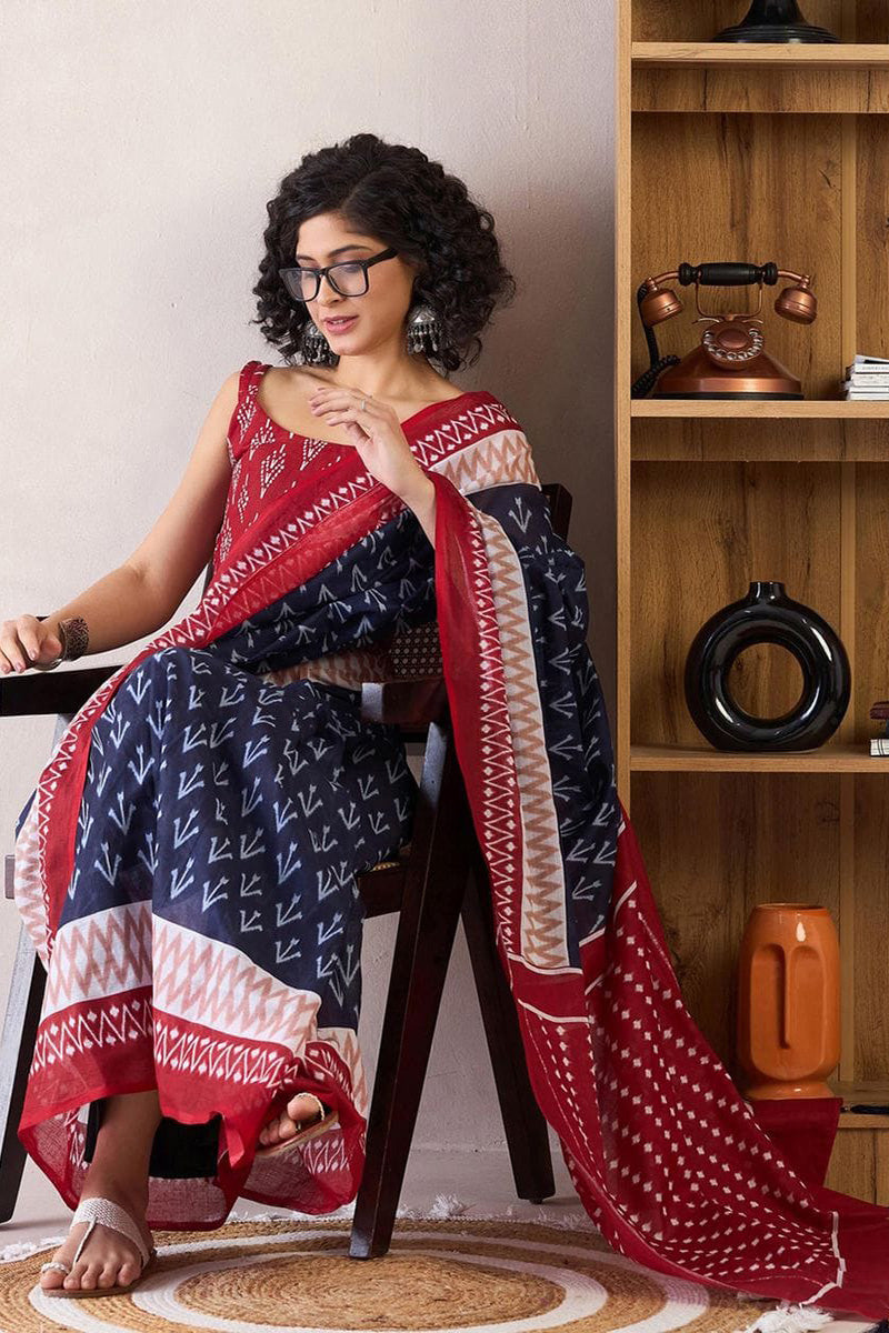 Blue 1 Minute Ready To Wear Mul Mul Cotton Digital Printed Saree With Pocket