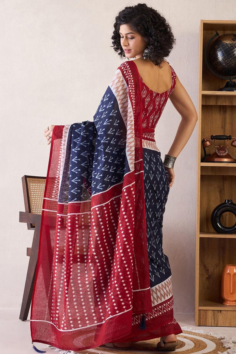 Blue 1 Minute Ready To Wear Mul Mul Cotton Digital Printed Saree With Pocket