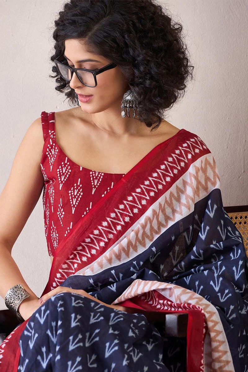 Blue 1 Minute Ready To Wear Mul Mul Cotton Digital Printed Saree With Pocket