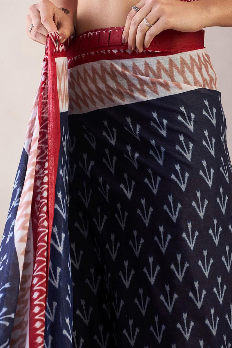 Blue 1 Minute Ready To Wear Mul Mul Cotton Digital Printed Saree With Pocket
