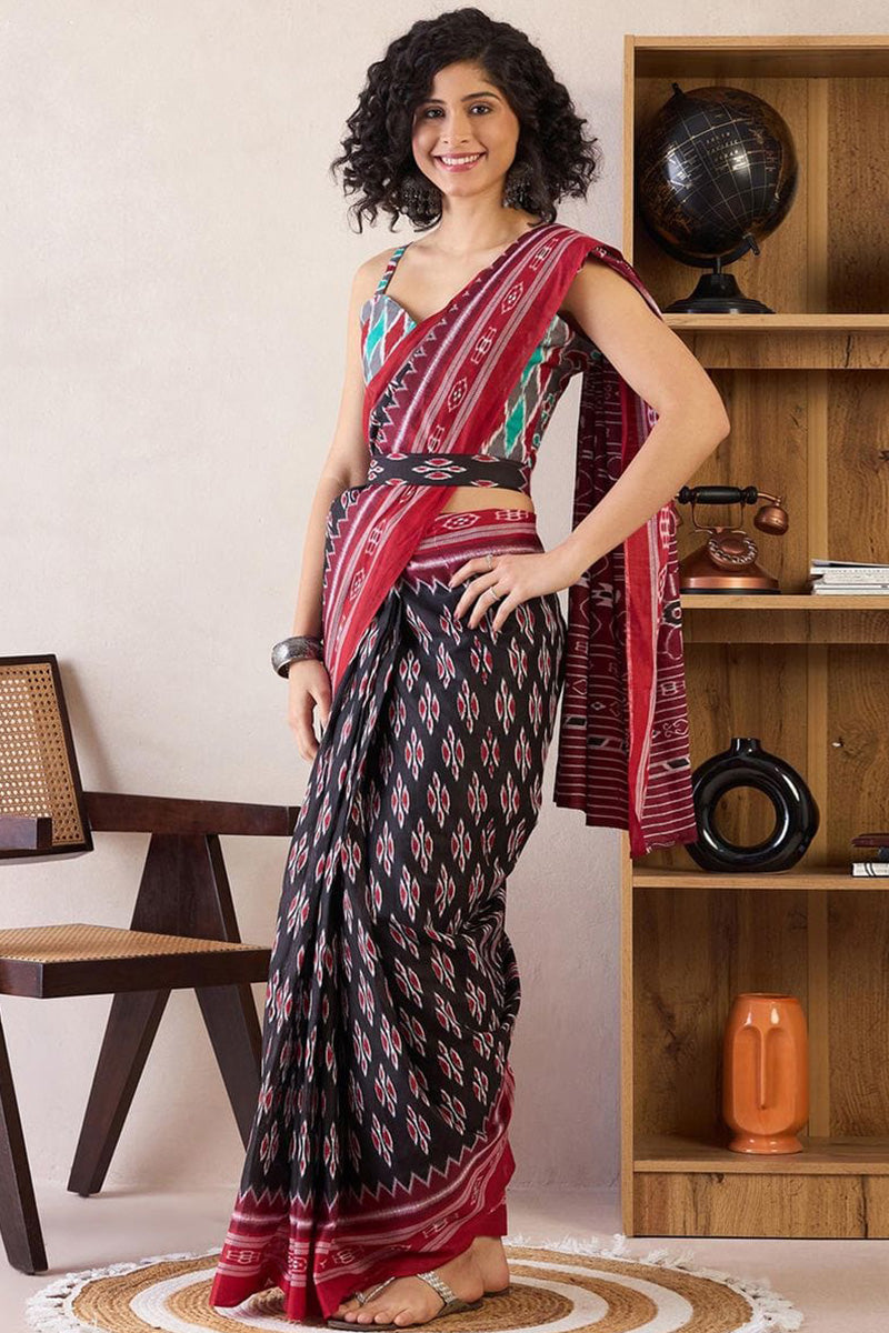 Bleck 1 Minute Ready To Wear Mul Mul Cotton Digital Printed Saree With Pocket