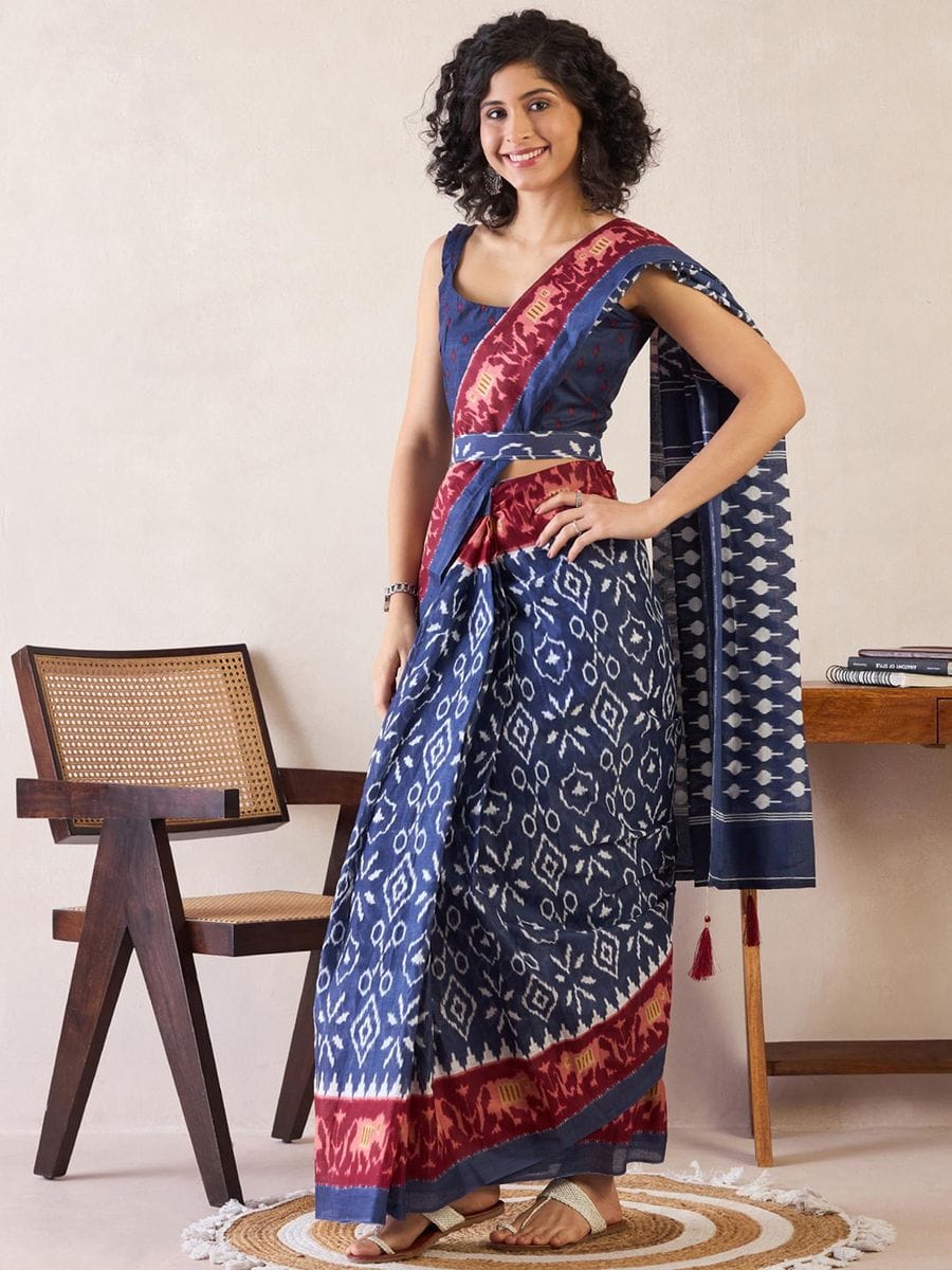 Elaborate Navy Blue 1 Minute Ready To Wear Mul Cotton Digital Printed Saree With Pocket