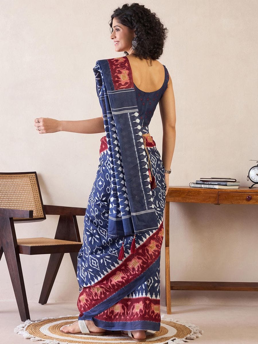 Elaborate Navy Blue 1 Minute Ready To Wear Mul Cotton Digital Printed Saree With Pocket