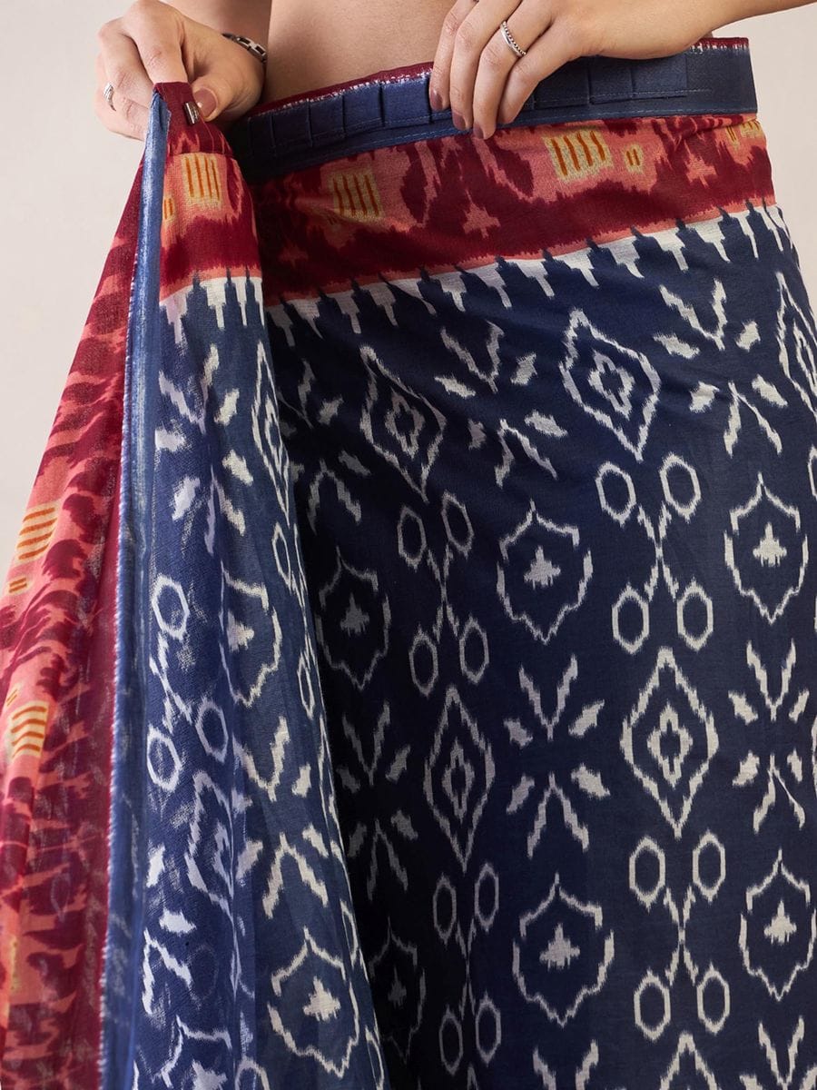 Elaborate Navy Blue 1 Minute Ready To Wear Mul Cotton Digital Printed Saree With Pocket