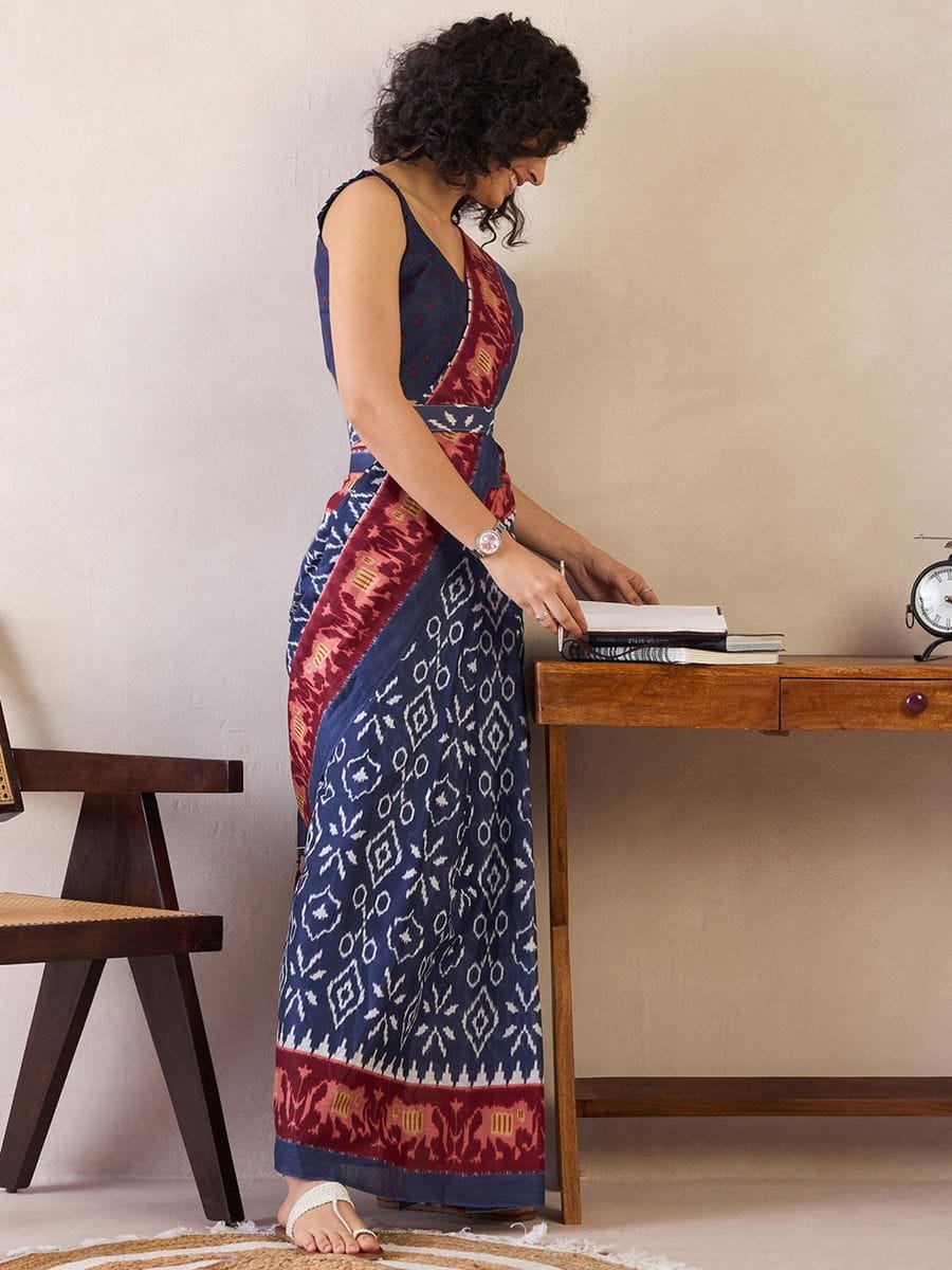 Elaborate Navy Blue 1 Minute Ready To Wear Mul Cotton Digital Printed Saree With Pocket