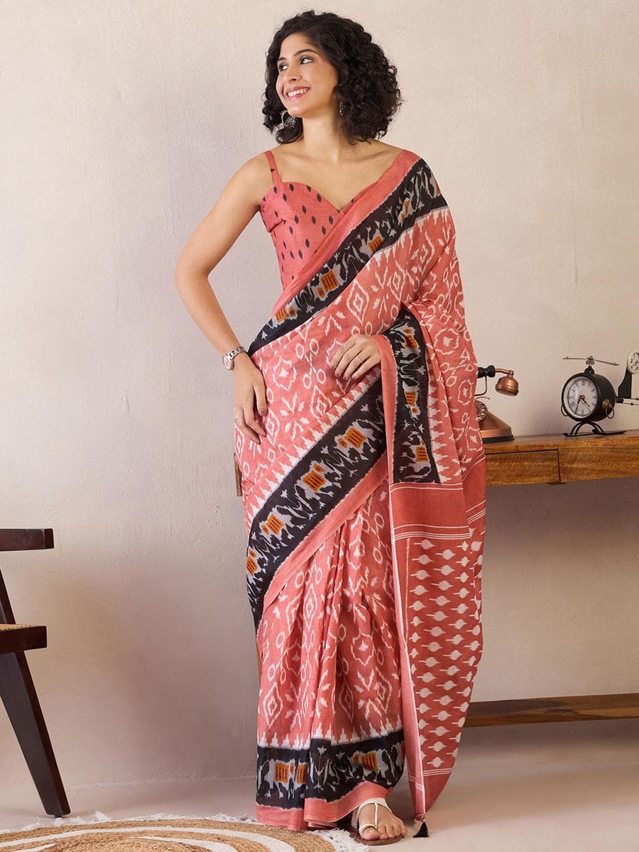 Flamboyant Peach 1 Minute Ready To Wear Mul Cotton Digital Printed Saree With Pocket
